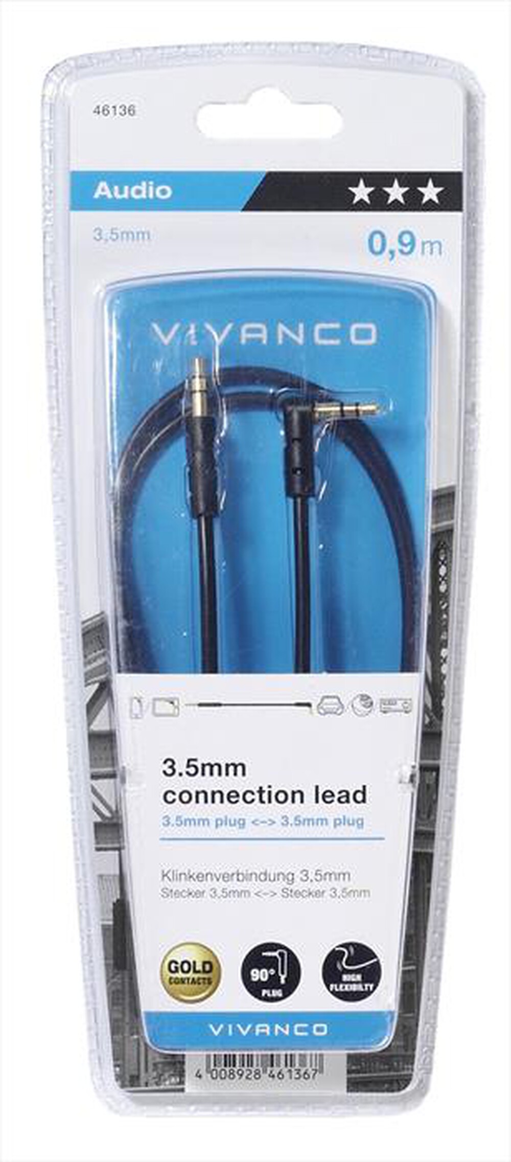 "CELLULARLINE - 46136 Cavo 3,5 mm con spina angolata 0,9 m"