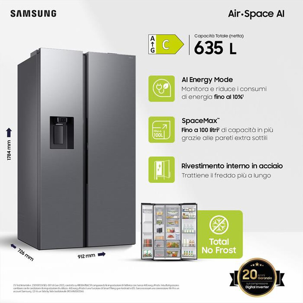 "SAMSUNG - Frigorifero side by side RS80F67KCTEF Classe C-Inox"