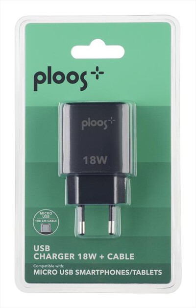 PLOOS - Caricabatterie KIT ADAPTER 18W/USB-A TO MICRO USB-Nero