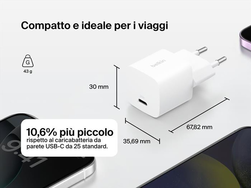 Immagine del prodotto BELKIN - Caricabatteria USB-C 25 W + cavo USB-C/USB-C da 1m-Bianco
