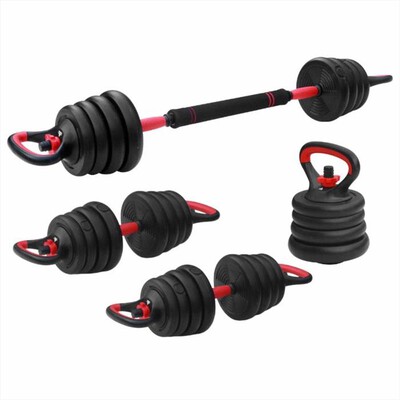 FITPADDY - KIT DUMBBELL + BARBELL + KETTLEBELL 15 KG-nero / rosso