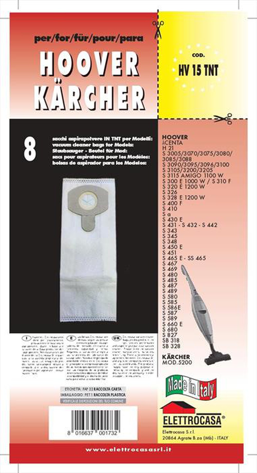 Immagine del prodotto ELETTROCASA - Sacchetti per Hoover/Karcher HV15TNT 8pz-Multicolore