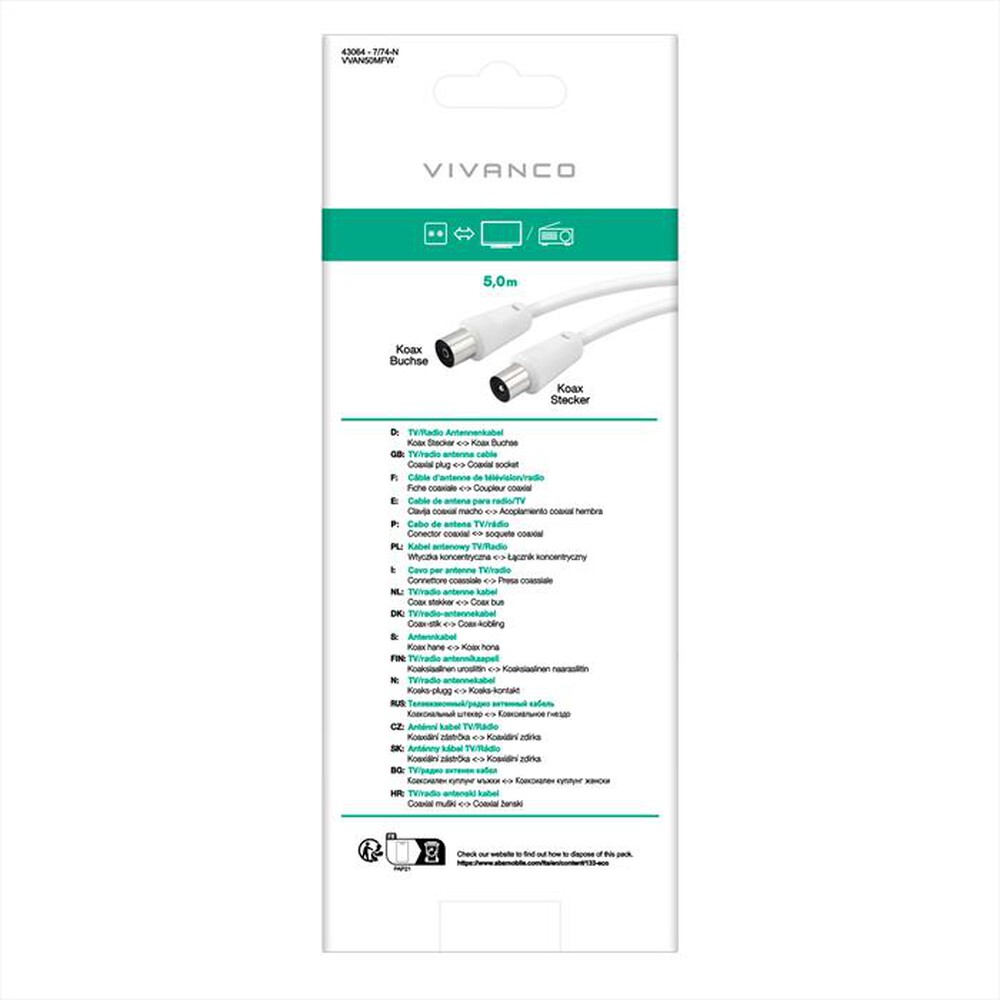 Immagine del prodotto SBS - Cavo Cavo antenna spina-spina >50 dB, 5 m-Bianco