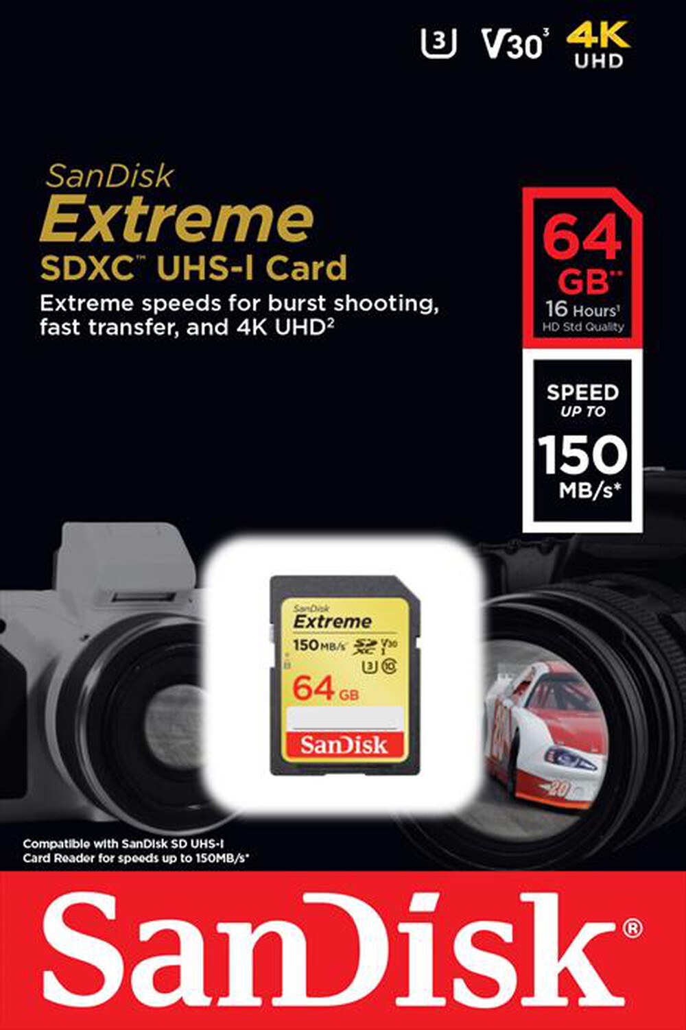 "SANDISK - SDXC EXTREME 64GB FINO A 150MB/S V30 U3 CLASSE 10"
