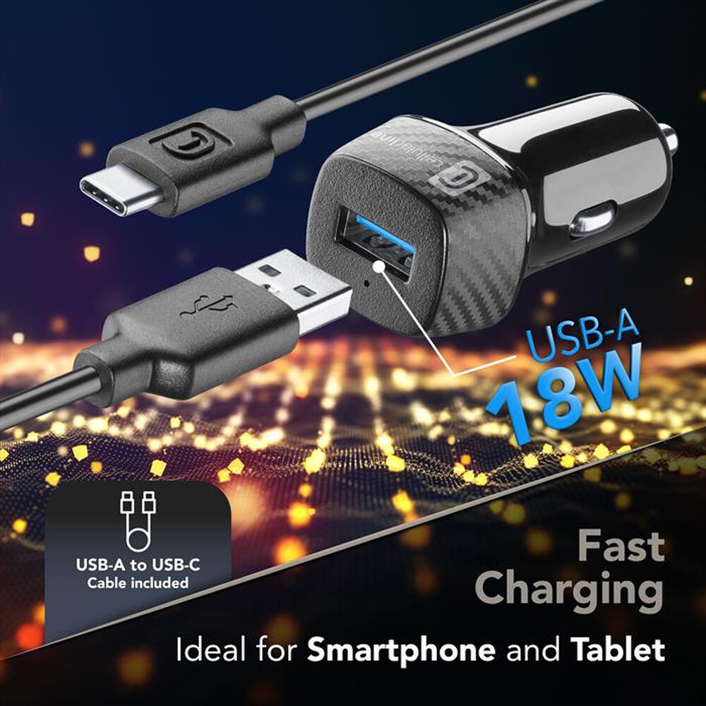 Immagine del prodotto CELLULARLINE - Caricabatterie auto 18W con porta USB-A/cavoUSB-C-Nero