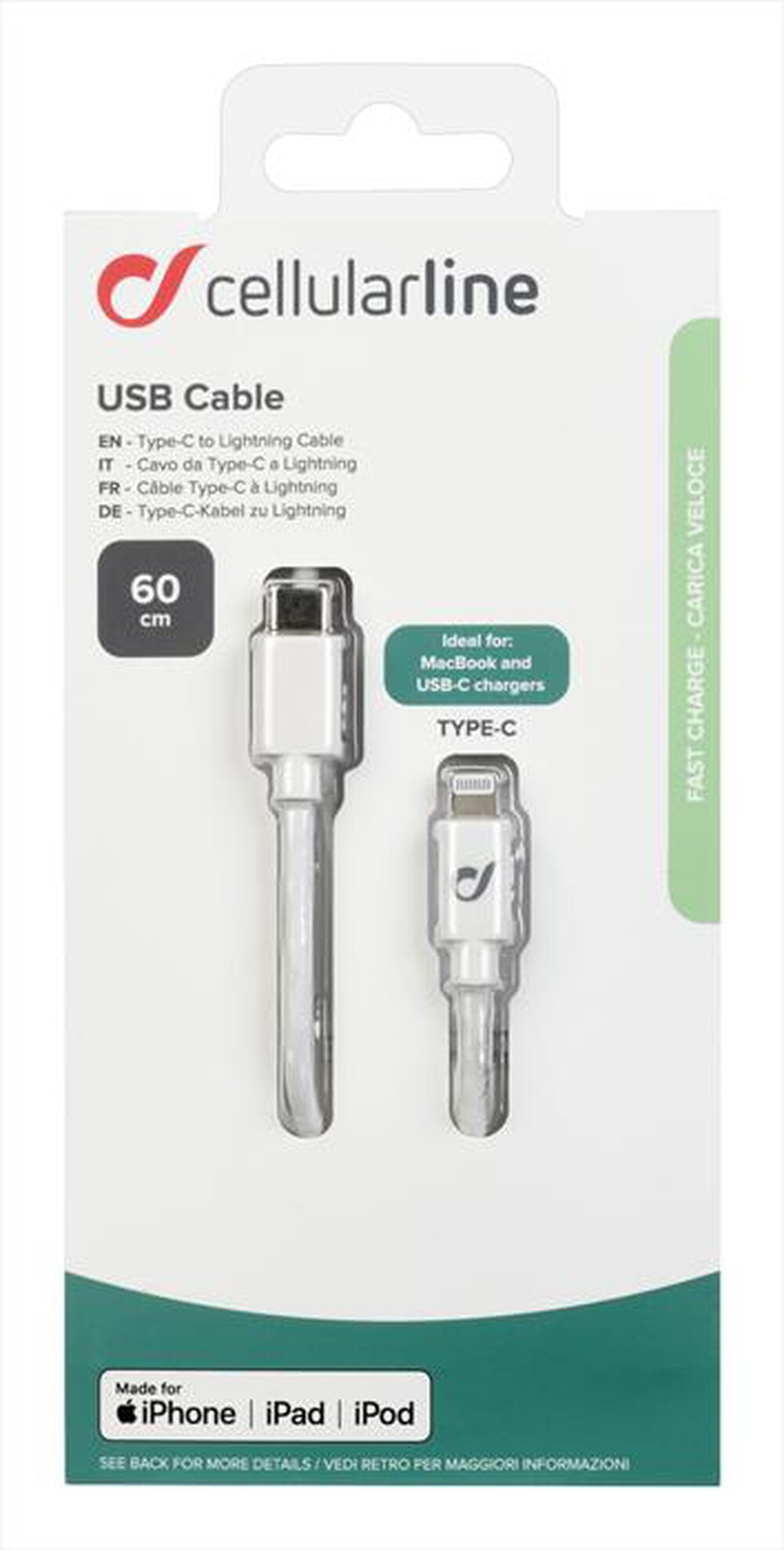 "CELLULARLINE - USBDATAC2LMFI60CMW USB Data Cable Medium-USB-C-Bianco"