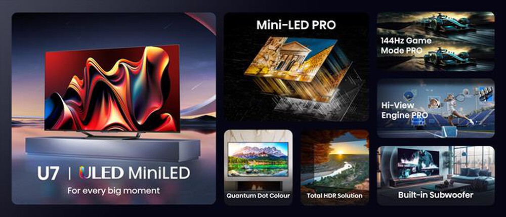 "HISENSE - Smart TV MINI LED UHD 4K 65\" 65U79NQ-Metallo - Grigio Carbone"