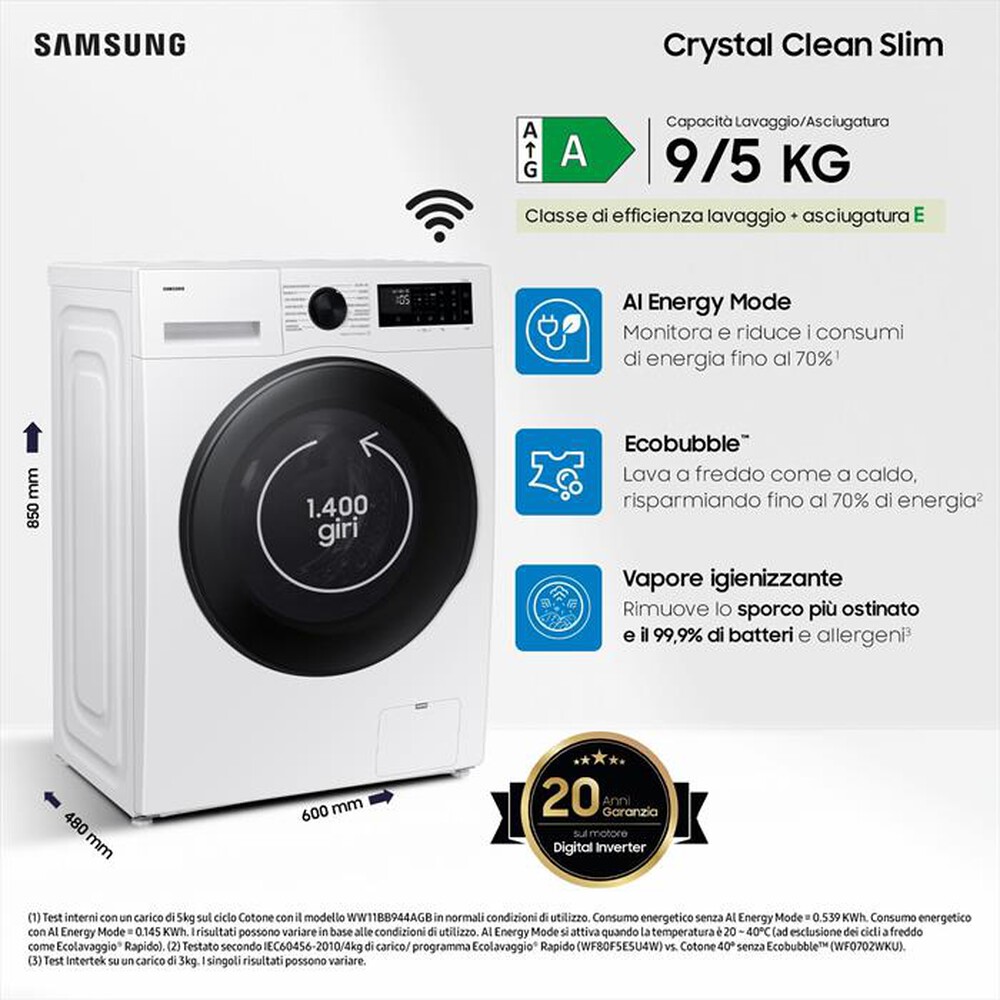 Immagine del prodotto SAMSUNG - Lavasciuga WD90DG5G34BEET 9/5Kg Classe A/E-bianca con oblò display nero