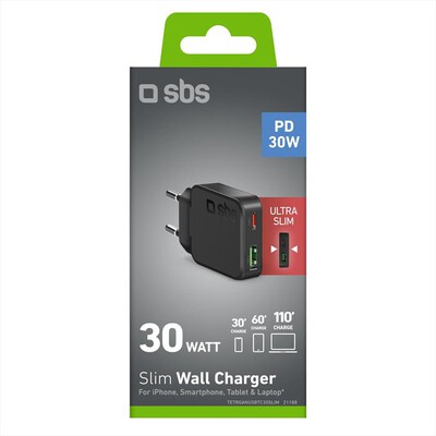 SBS - Caricabatterie Slim 30W USB-A+ USB-C-Nera