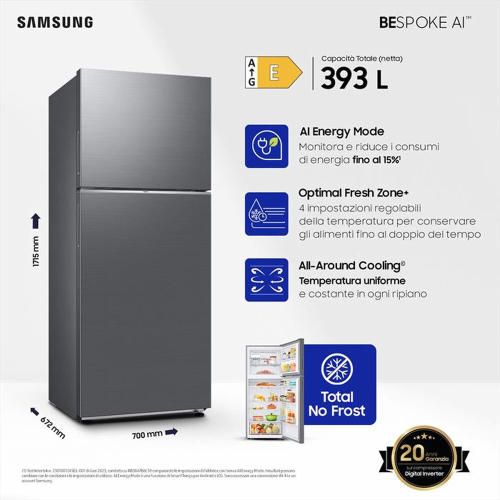 "SAMSUNG - Frigorifero 2 porte RT38CG6624S9ES Classe E 393 lt-METAL INOX"
