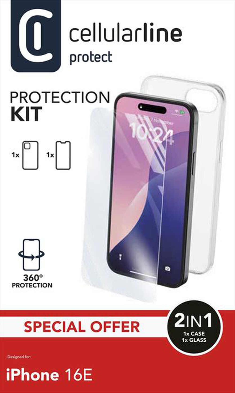 Immagine del prodotto CELLULARLINE - Kit accessori PROTECTION KIT per iPhone 16E/17E-Trasparente