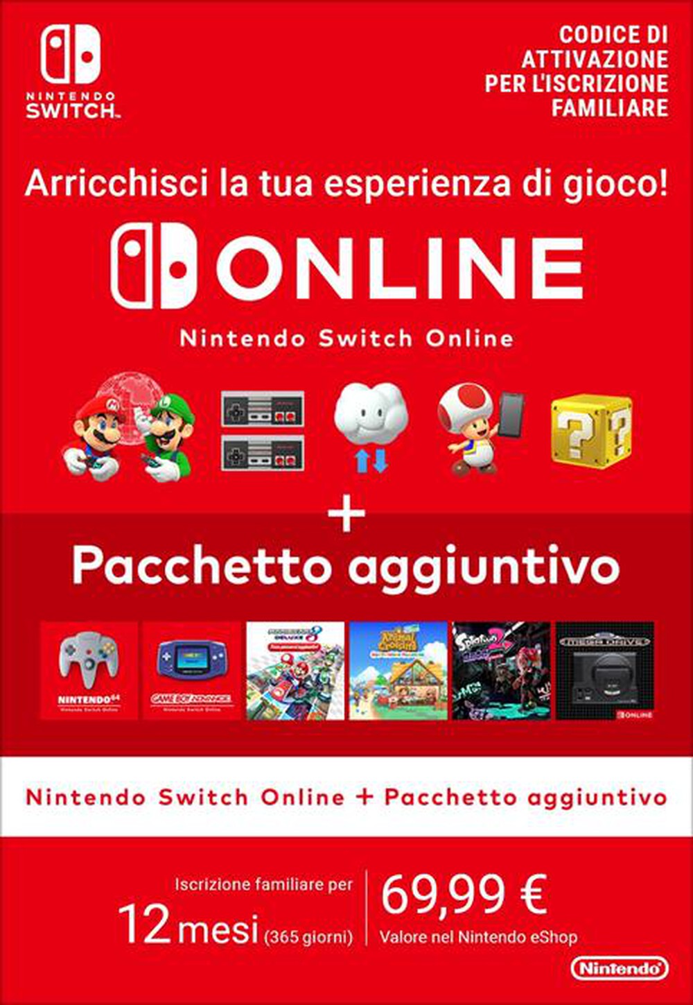 Immagine del prodotto NINTENDO - NSO + PACCHETTO AGGIUNTIVO (ABBONAMENTO FAMILIARE)