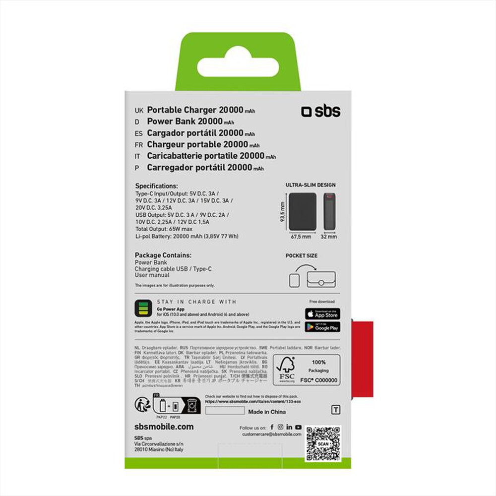 Immagine del prodotto SBS - Powerbank 20.000mAh PD 65W High density TEBB20000H-Nero