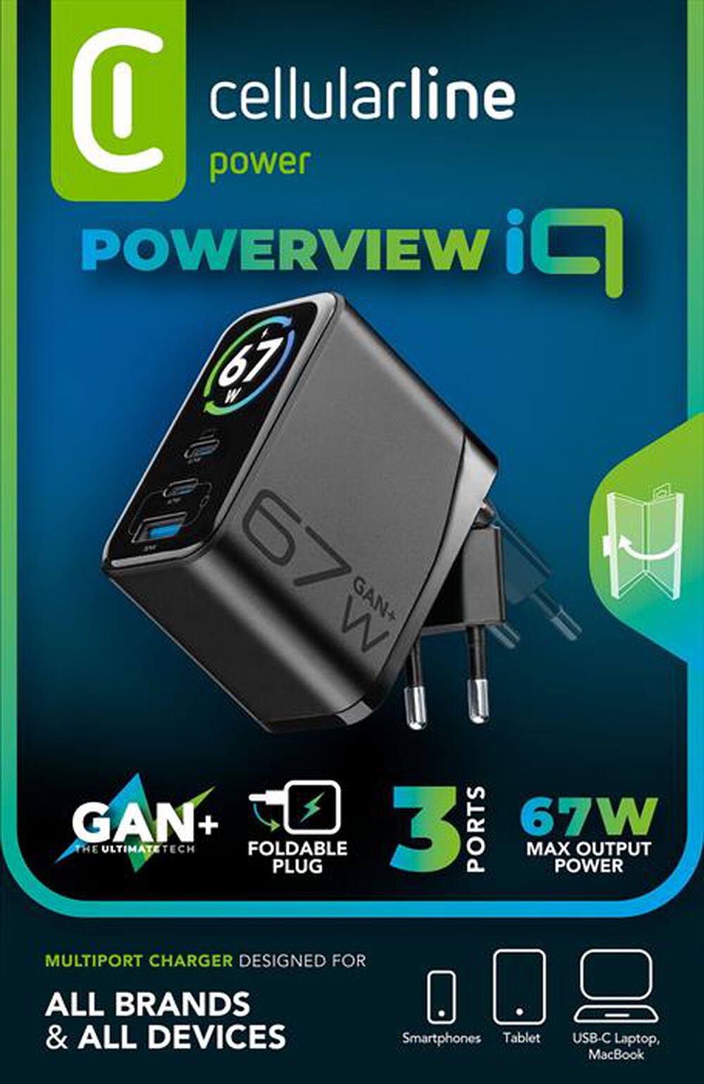 Immagine del prodotto CELLULARLINE - Caricabatterie da rete 67W POWERVIEW IQ 67W GAN-Nero