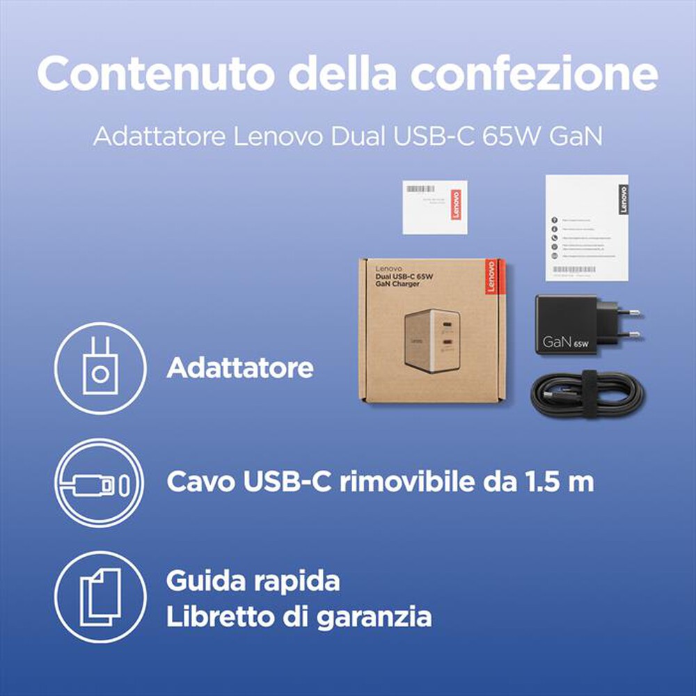 Immagine del prodotto LENOVO - Caricabatterie DUAL USB-C 65W GAN-NERO