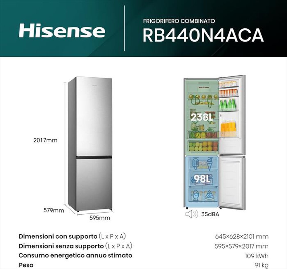 Immagine del prodotto HISENSE - Frigorifero combinato RB440N4ACA Classe A 336 lt-Inox