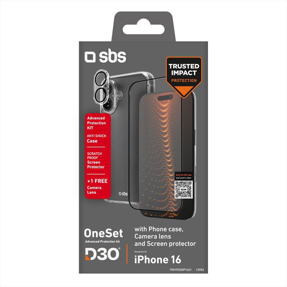 Immagine del prodotto SBS - D3O Kit Cover, screenglass, camera glass iPhone 16-Trasparente