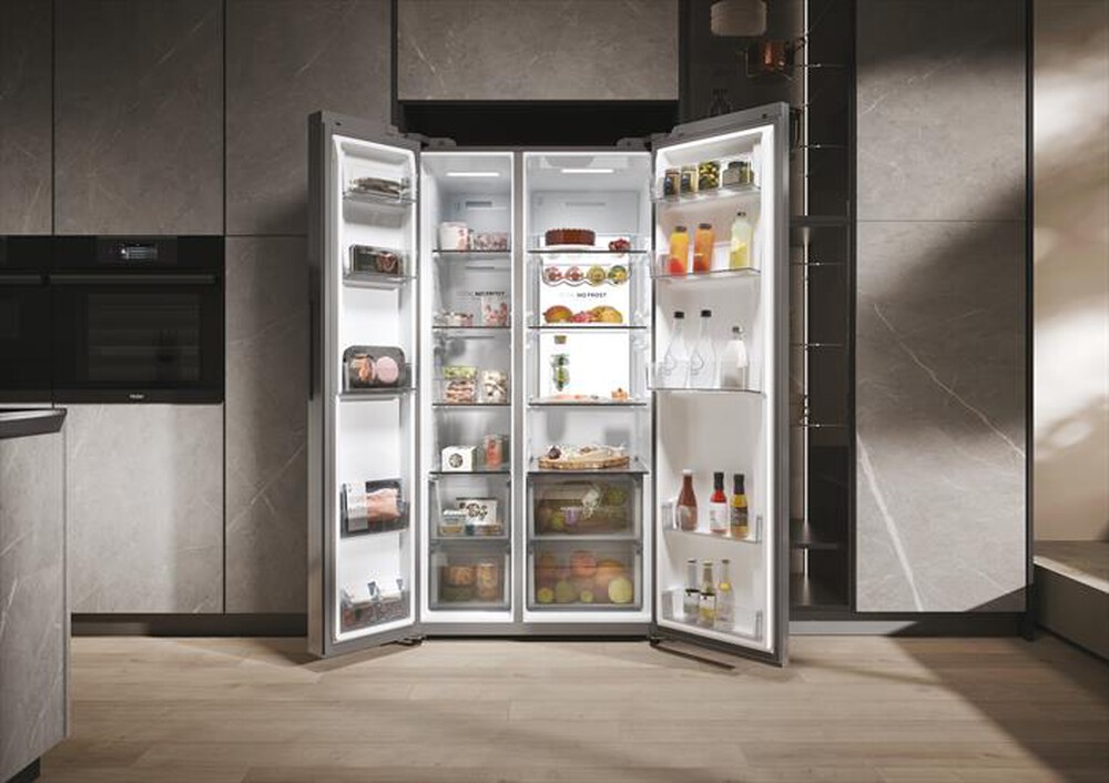 "HAIER - Frigorifero side by side HSW79F18ANMM Classe A-Platino, Acciaio inox"