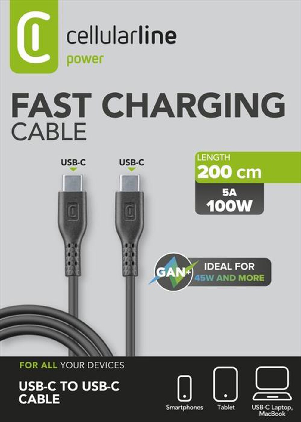 Immagine del prodotto CELLULARLINE - Cavo 5A da USB-C a USB-C da 200 cm-Nero