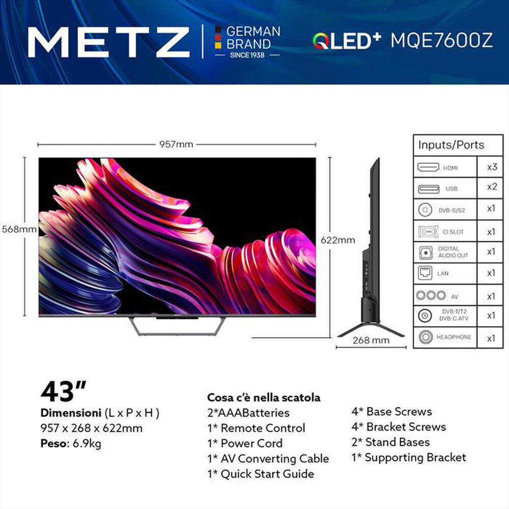 "METZ - Smart TV QLed+ 4K UHD GOOGLE TV 43MQE7000Z-Nero"