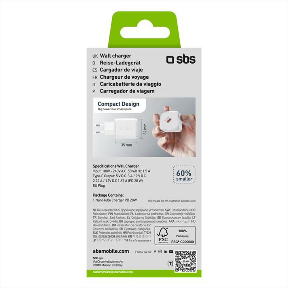 "SBS - Caricatore da rete TETRGAN1C20W-Bianco"
