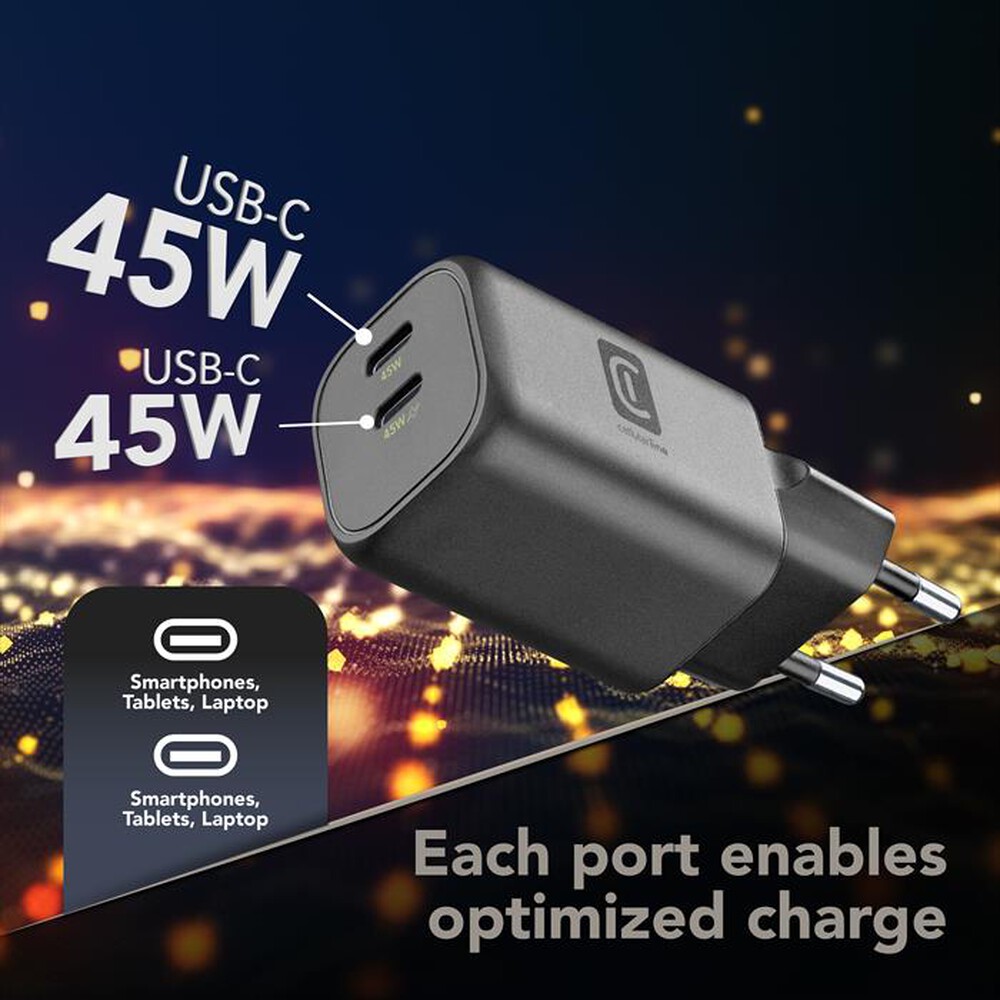 Immagine del prodotto CELLULARLINE - Caricatore da rete GAN+ 45 W DOPPIA PORTA USB-C-Nero