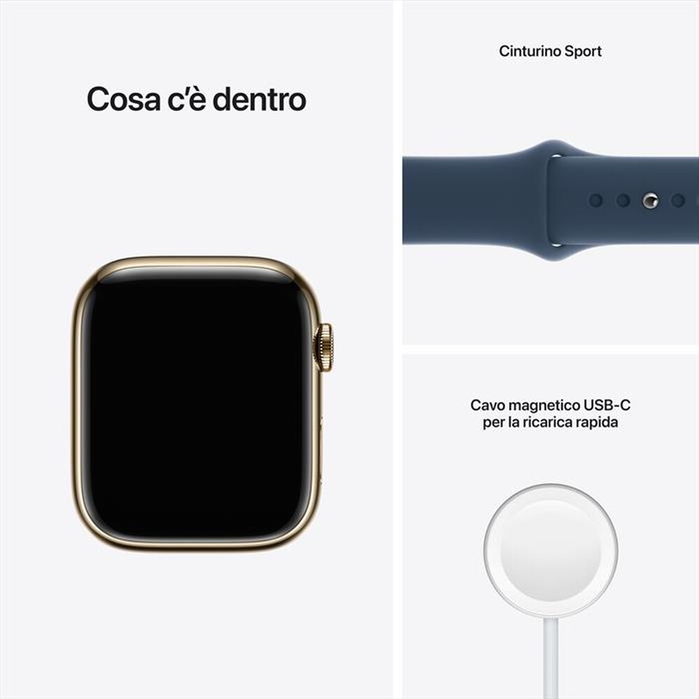 "APPLE - WATCH SERIES 7 GPS + CELLULAR 45MM IN ACCIAIO INOX-Oro Cinturino Sport Blu Abisso"