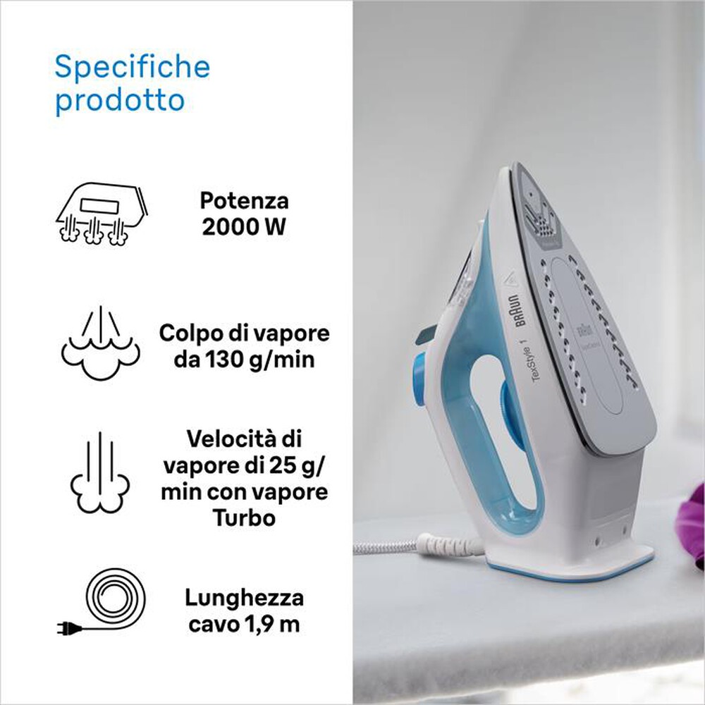 Immagine del prodotto BRAUN - FERRO A VAPORE TEXSTYLE 1 SI1050BL-Bianco blu