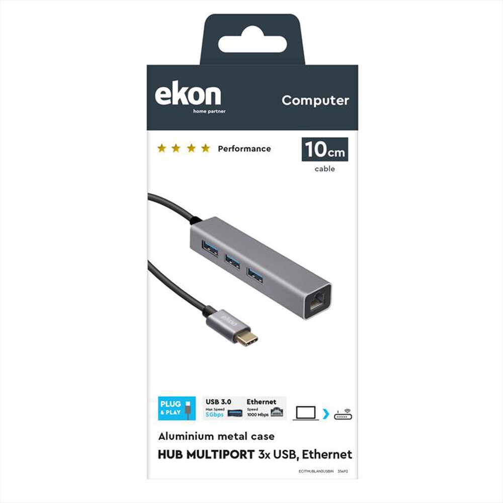 "EKON - Hub ECITHUBLAN3USBIN-Grigio"