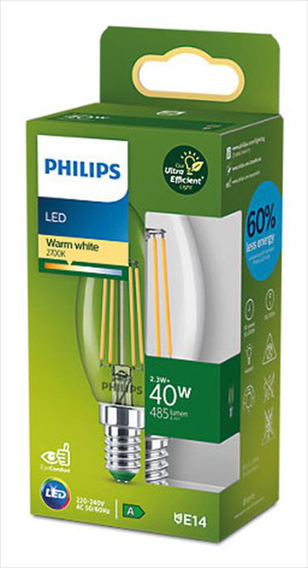 Immagine del prodotto PHILIPS - LED CLASSE A CANDELA VETRO FILAM 40W E14 2700K-Bianco
