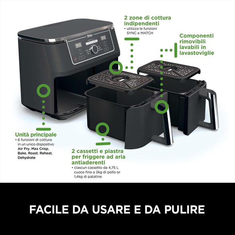 "NINJA - Friggitrice ad aria dual zone max da 9,5 L A-nero"