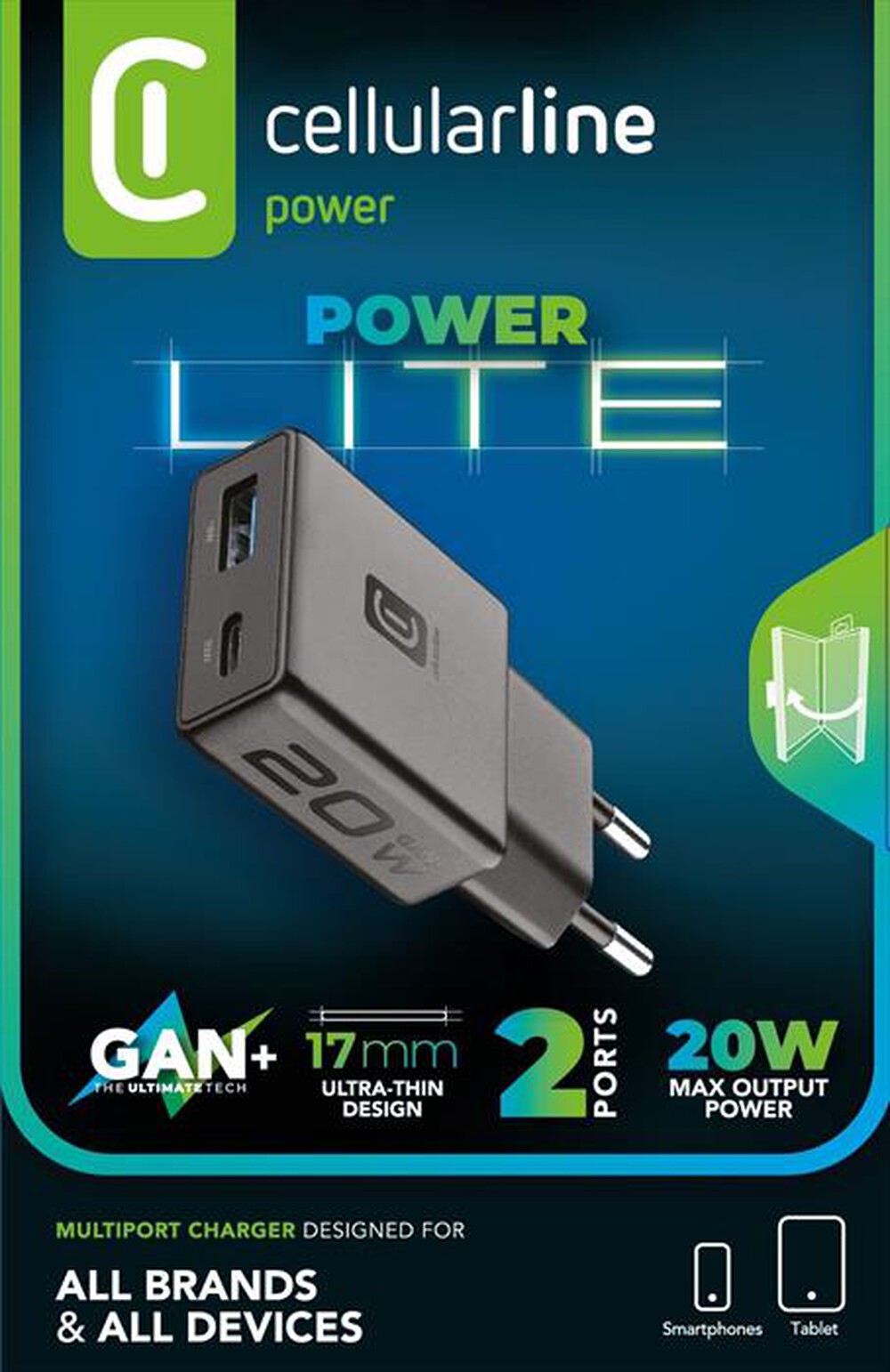 Immagine del prodotto CELLULARLINE - Caricatore Power Lite Slim 20W Dual USB-A + USB-C-Nero