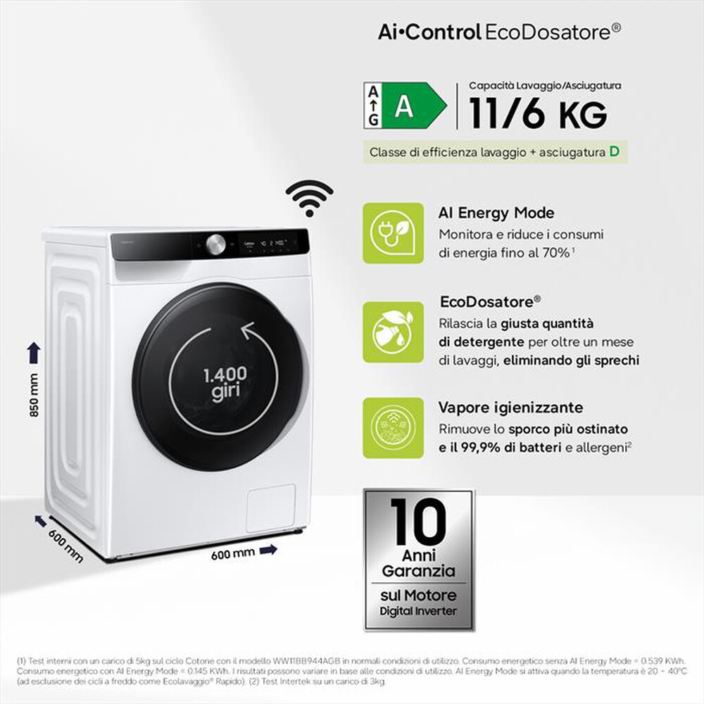Immagine del prodotto SAMSUNG - Lavasciuga 11/6 Kg WD11DG6B85BKU3 Classe A-bianca con obl&ograve; e display nero