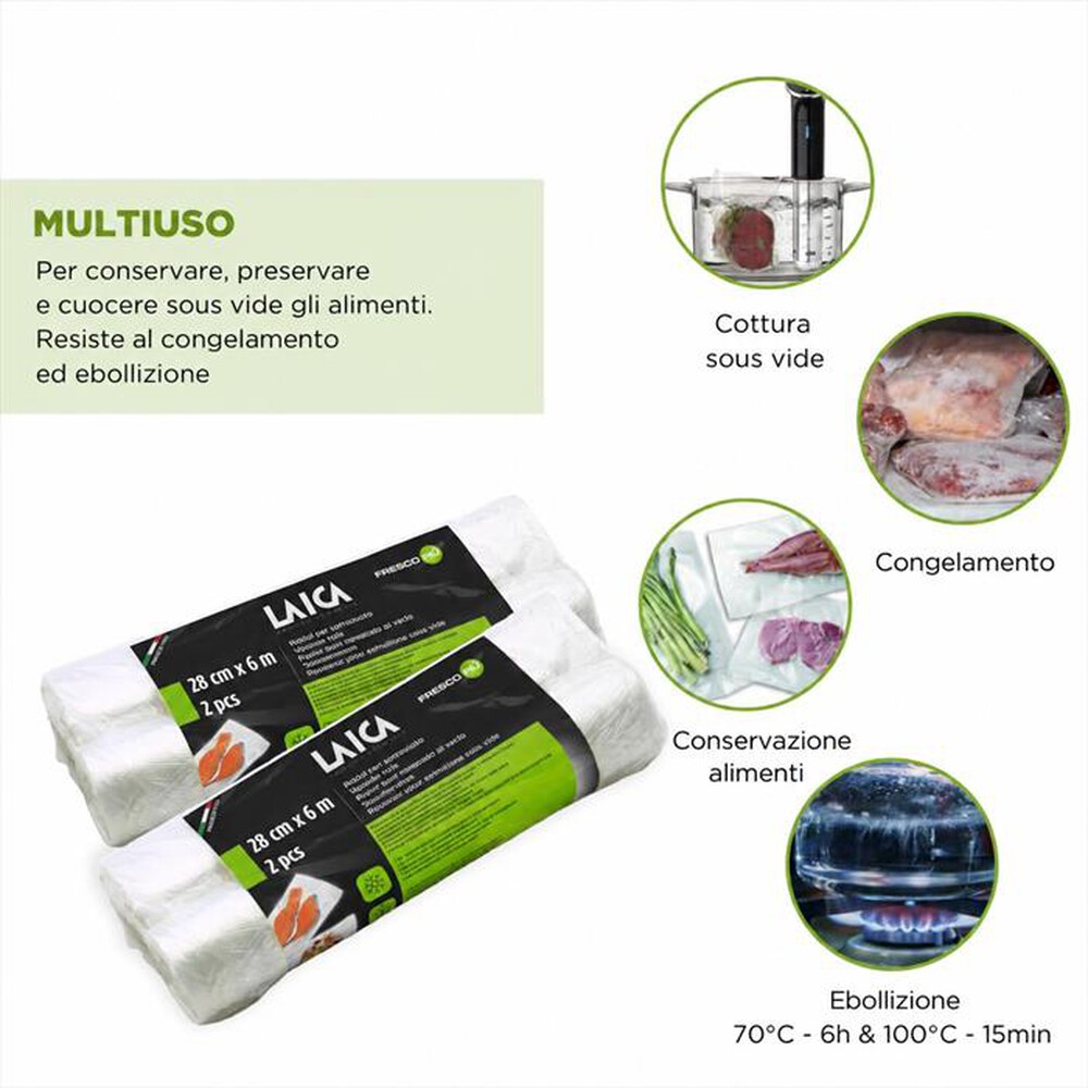 Immagine del prodotto LAICA - 2 ROTOLI PER SOTTOVUOTO CM.28X600 - VT3509-TRASPARENTE