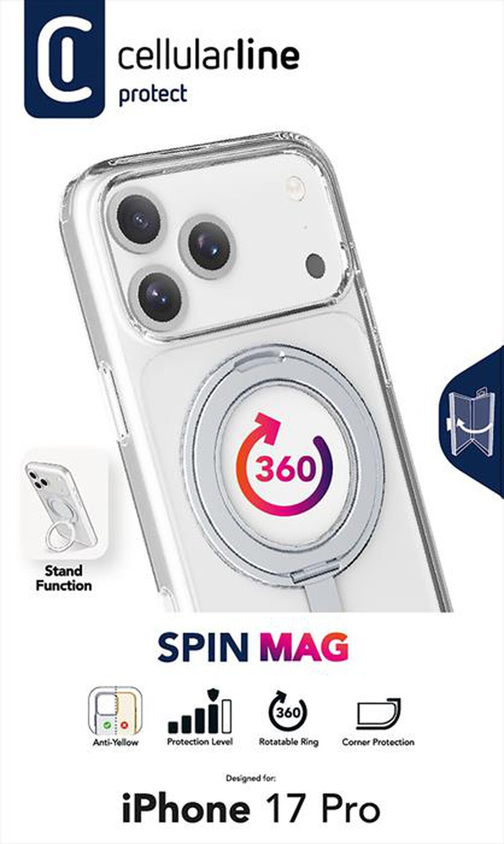 Immagine del prodotto CELLULARLINE - Custodia anello rotabile SPIN MAG IPHONE 17 PRO-Trasparente