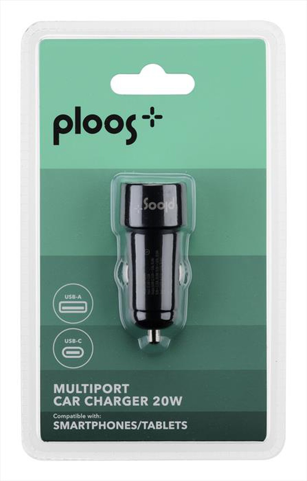 Immagine del prodotto PLOOS - PLOOS - AUTO CHARGER DUAL 20W USB + USB-C-Nero