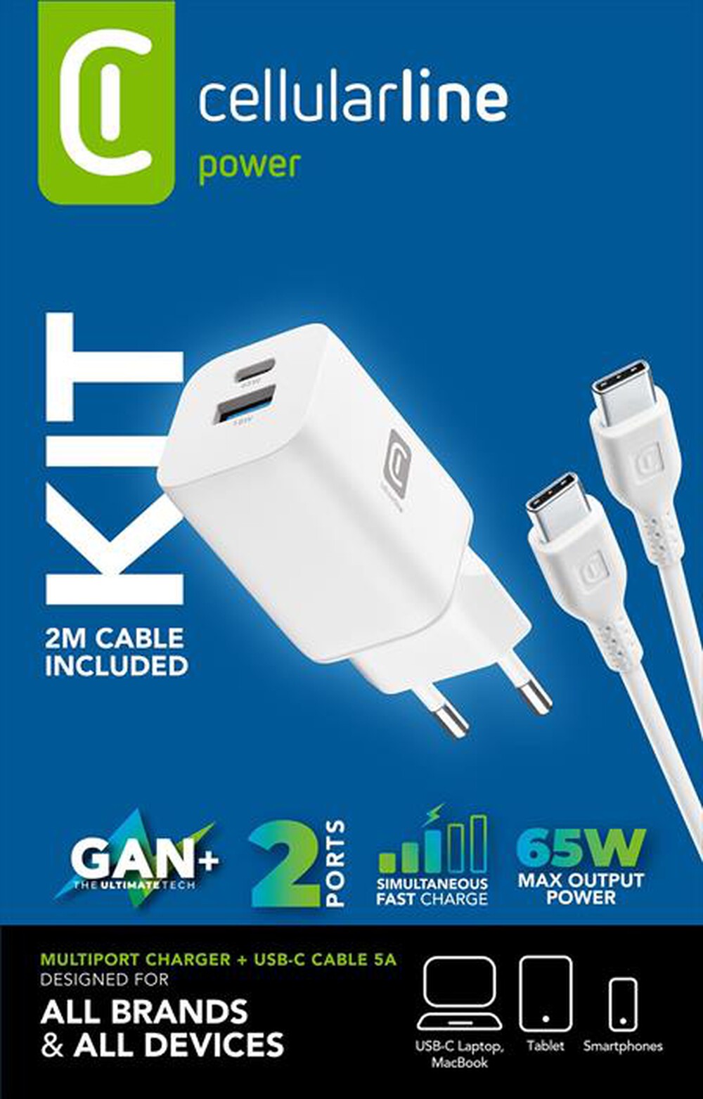 Immagine del prodotto CELLULARLINE - Kit caricabatterie GaN 65W Dual Port USB A + USB C-Bianco