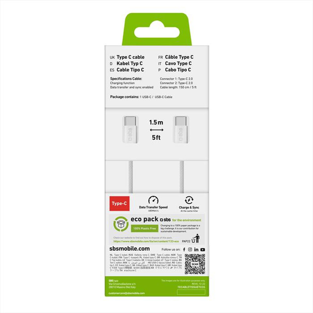 "SBS - Cavo in tessuto type-C a Type-C TECABLETISSUETCCG-Grigio"