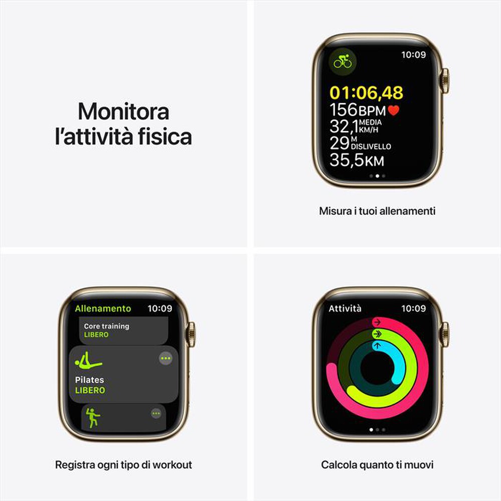 "APPLE - WATCH SERIES 7 GPS + CELLULAR 45MM IN ACCIAIO INOX-Oro Cinturino Sport Blu Abisso"