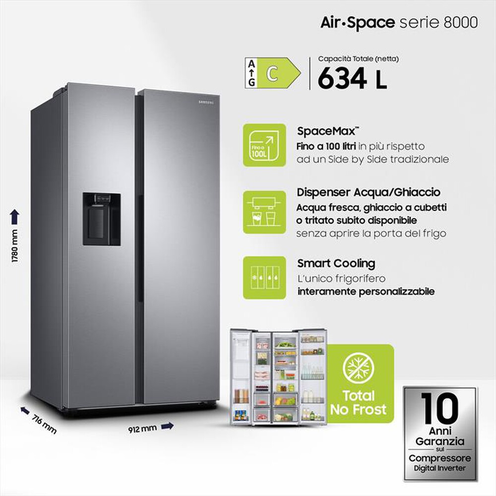 Immagine del prodotto SAMSUNG - Frigorifero side by side RS68A854CSL/EF Classe C-EZ Clean Steel