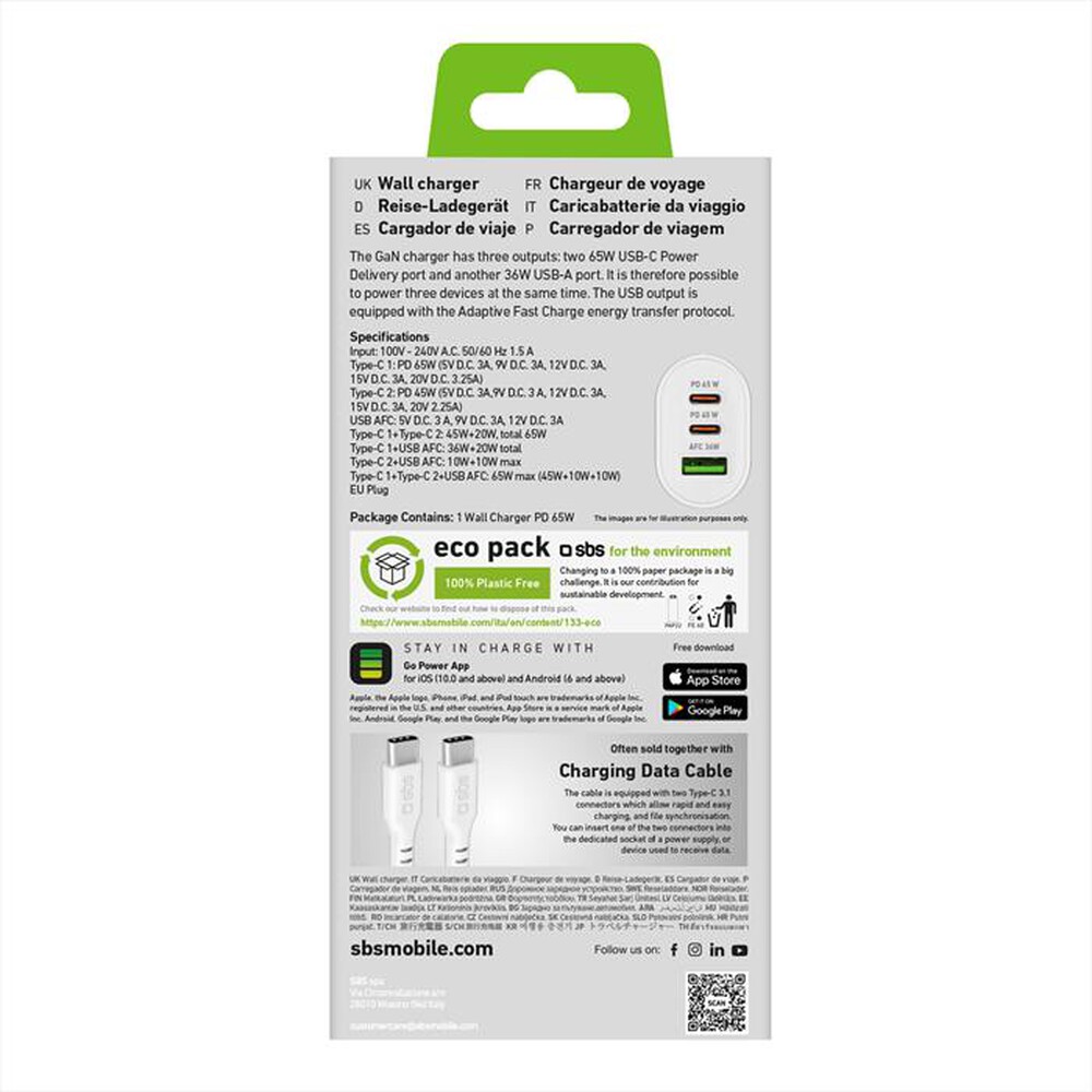 "SBS - Carica batterie TETRUSB2CGAN65W-Bianco"
