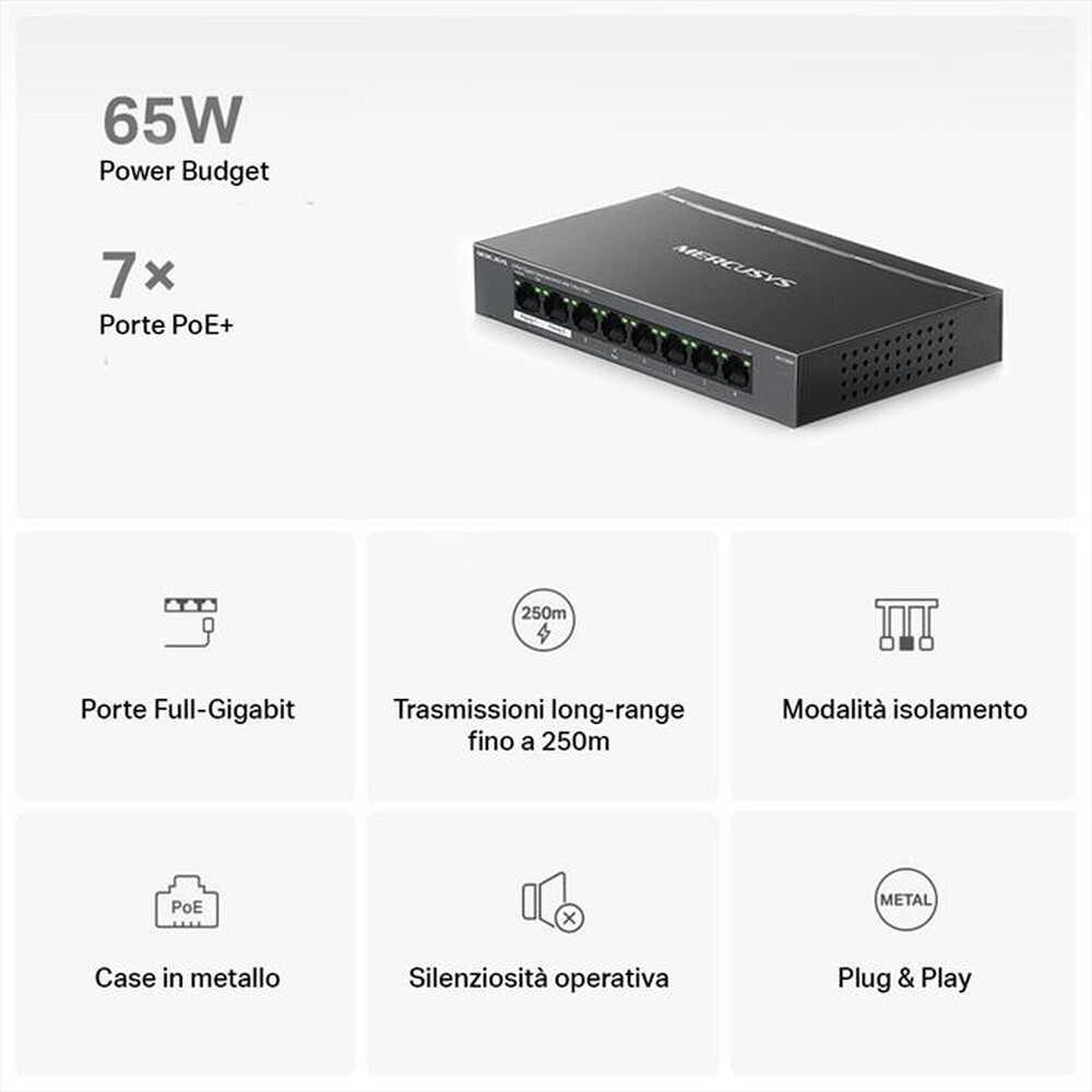 "MERCUSYS - 8-PORT GIGABIT DESKTOP SWITCH WITH  4-PORT POE+-nero"