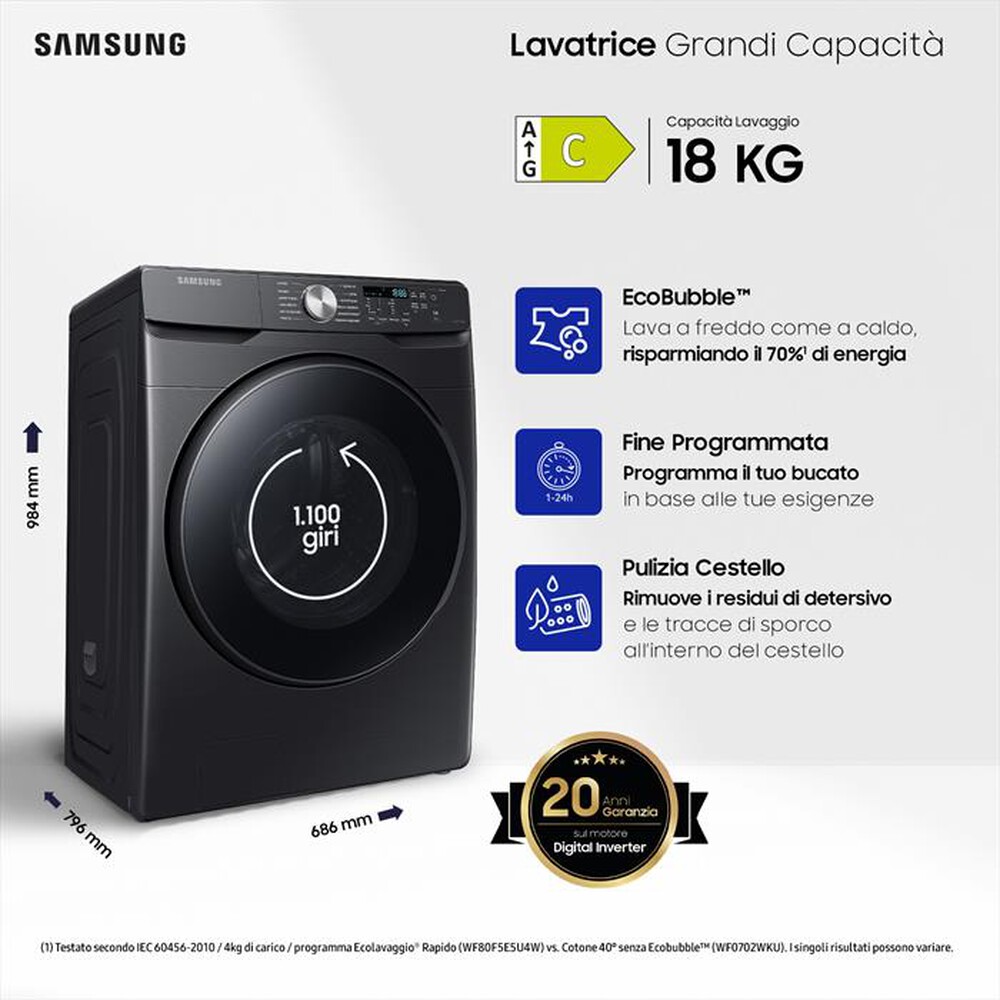 "SAMSUNG - Lavatrice WF18T8000GV/ET 18 Kg Classe C-Dark Inox"