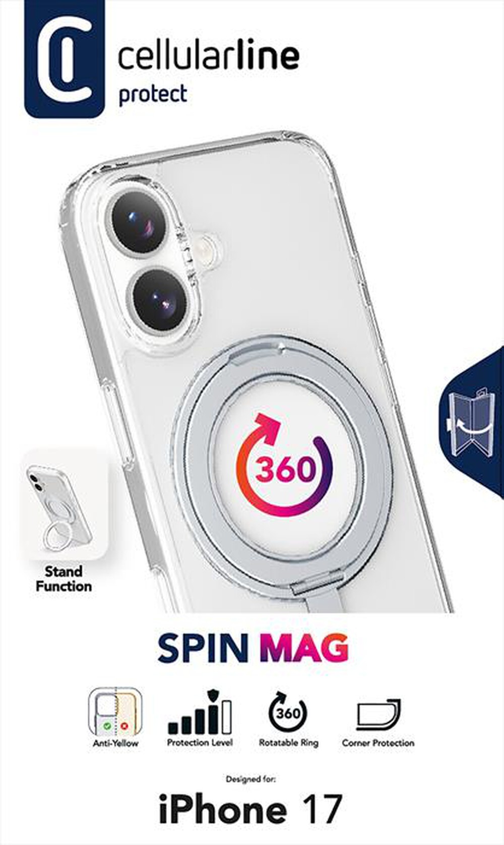 Immagine del prodotto CELLULARLINE - Custodia con anello rotabile SPIN MAG IPHONE 17-Trasparente