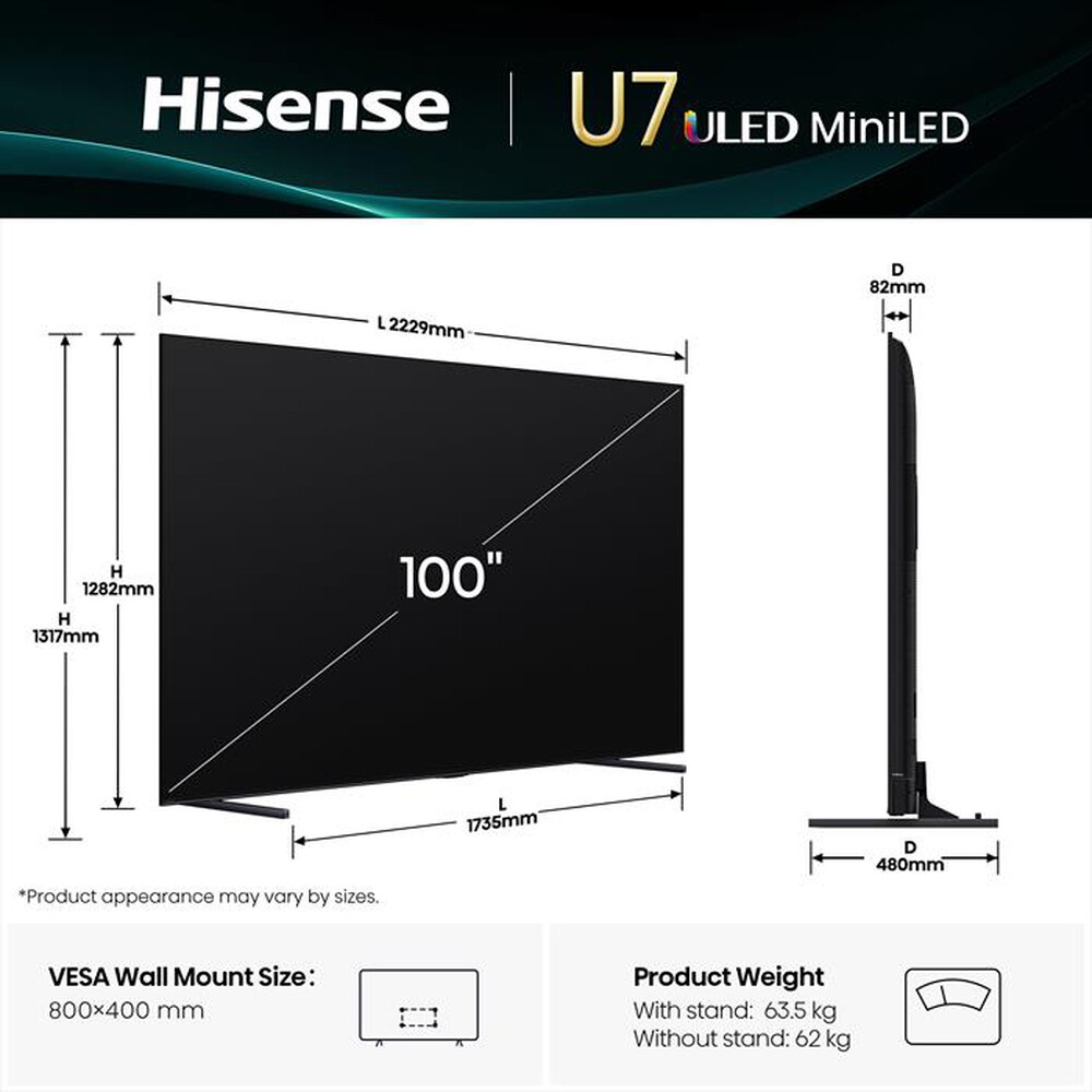 Immagine del prodotto HISENSE - Smart Tv Mini LED 100" 4K Ultra HD 100U7Q 165Hz-NERO