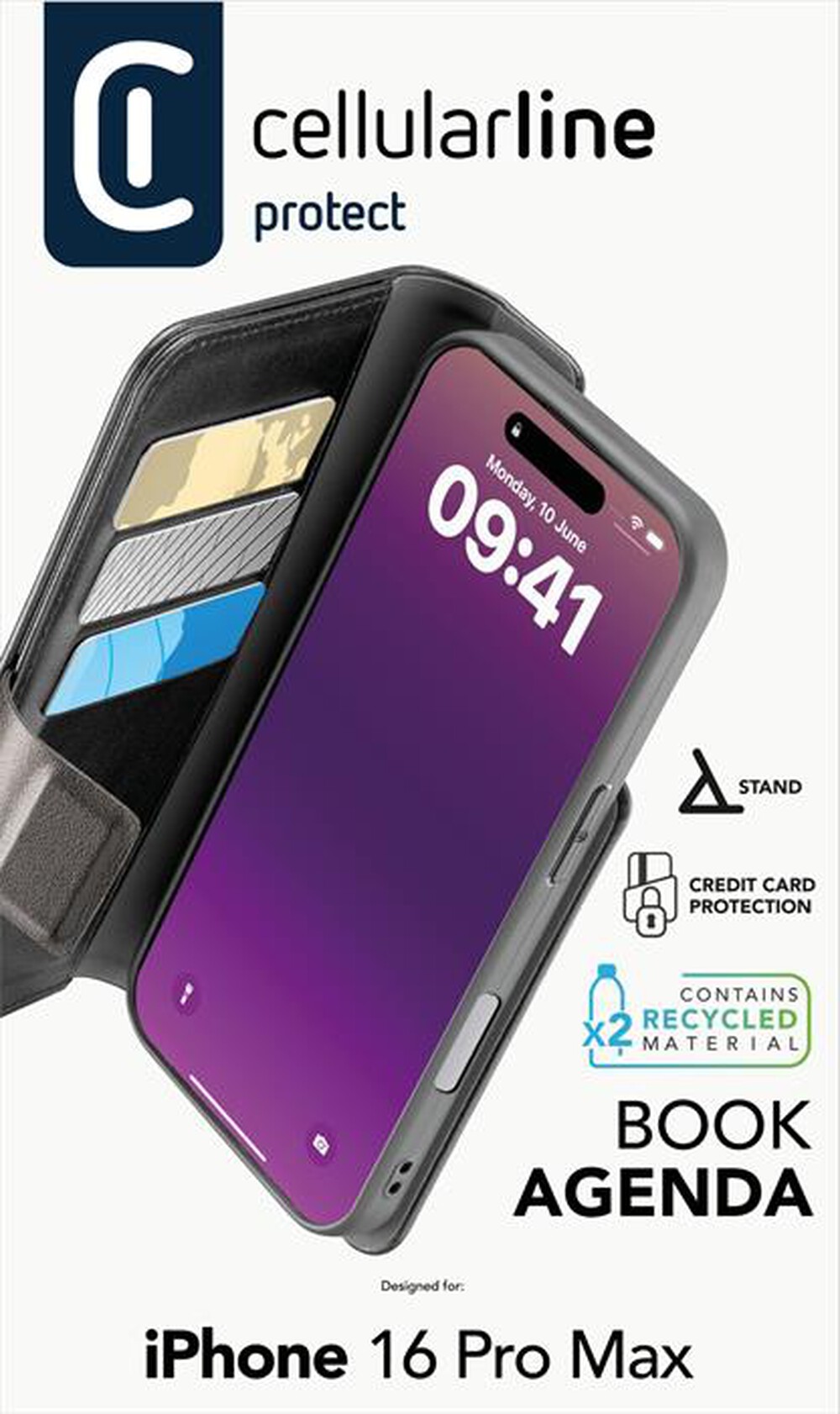 "CELLULARLINE - Cover BOOK AGENDA per iPhone 16 Pro Max-Black"