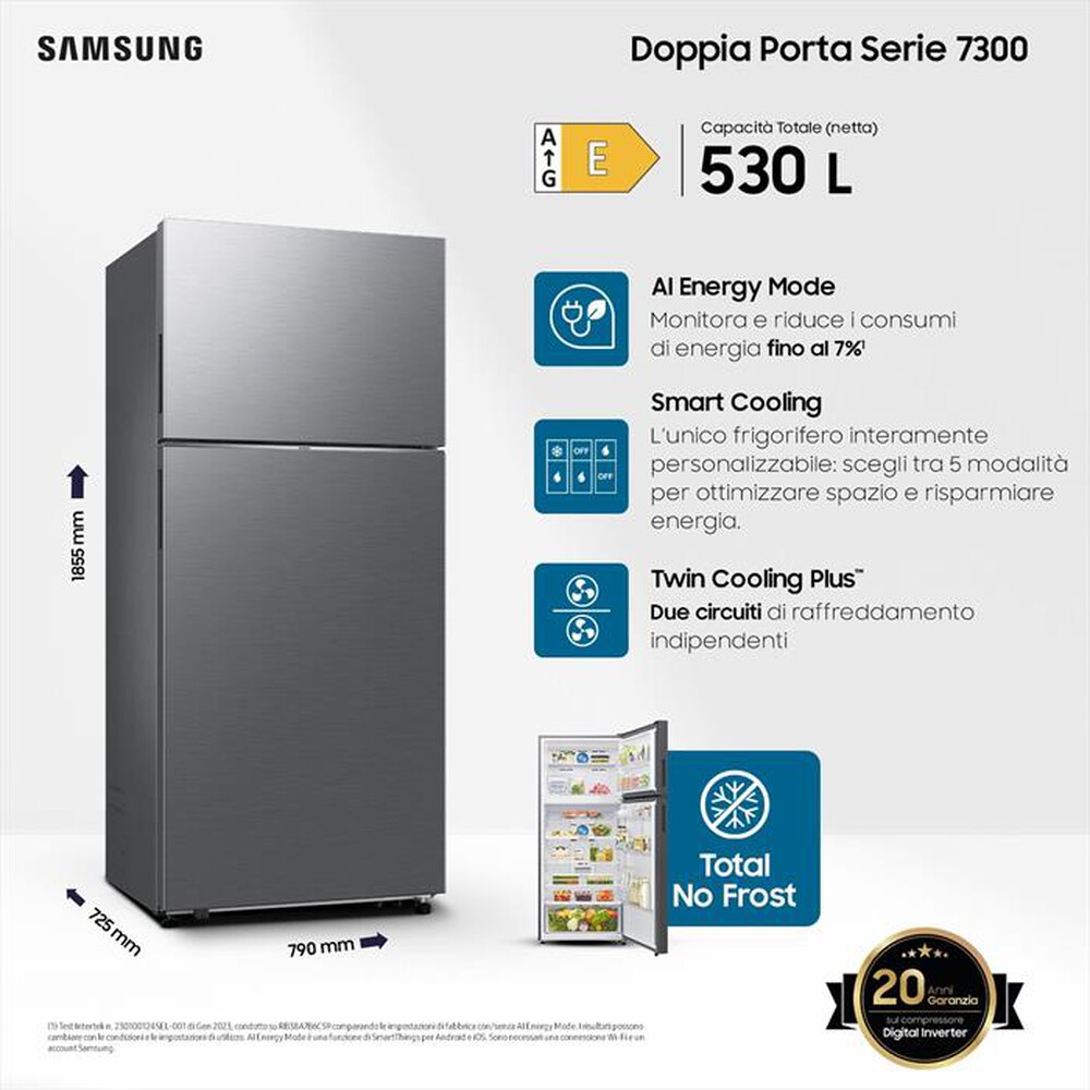 "SAMSUNG - Frigorifero 2 porte RT53DG7A14S9EF Classe E 530 lt-Metal Inox"