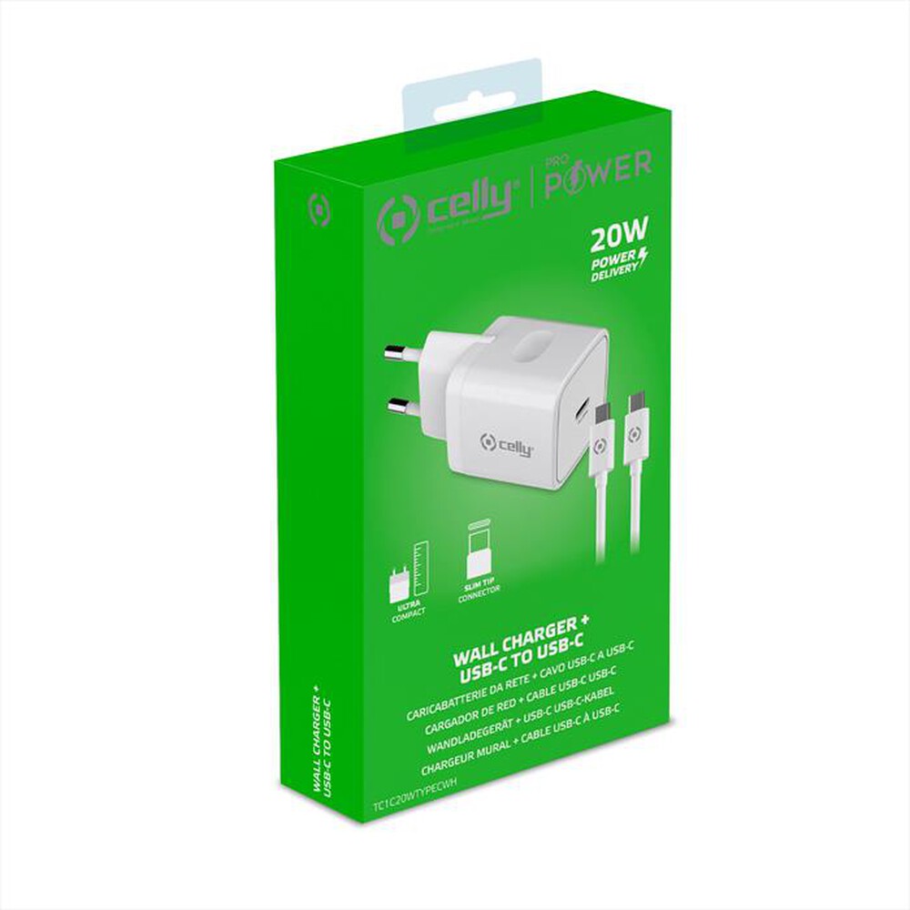 "CELLY - TC1C20WTYPECWH - TC 1 USB-C 20W + TYPE-C CABLE-Bianco"