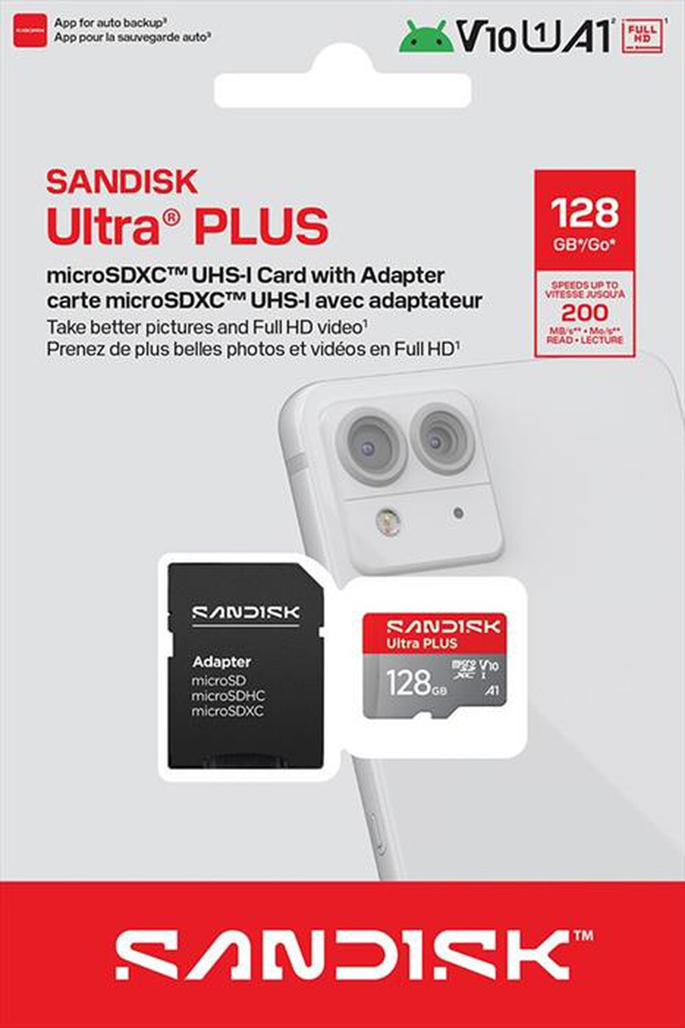 Immagine del prodotto SANDISK - MEM.MICRO SD ULTRA PLUS 128GB XC +ADATT.SD A1 V10-grigio