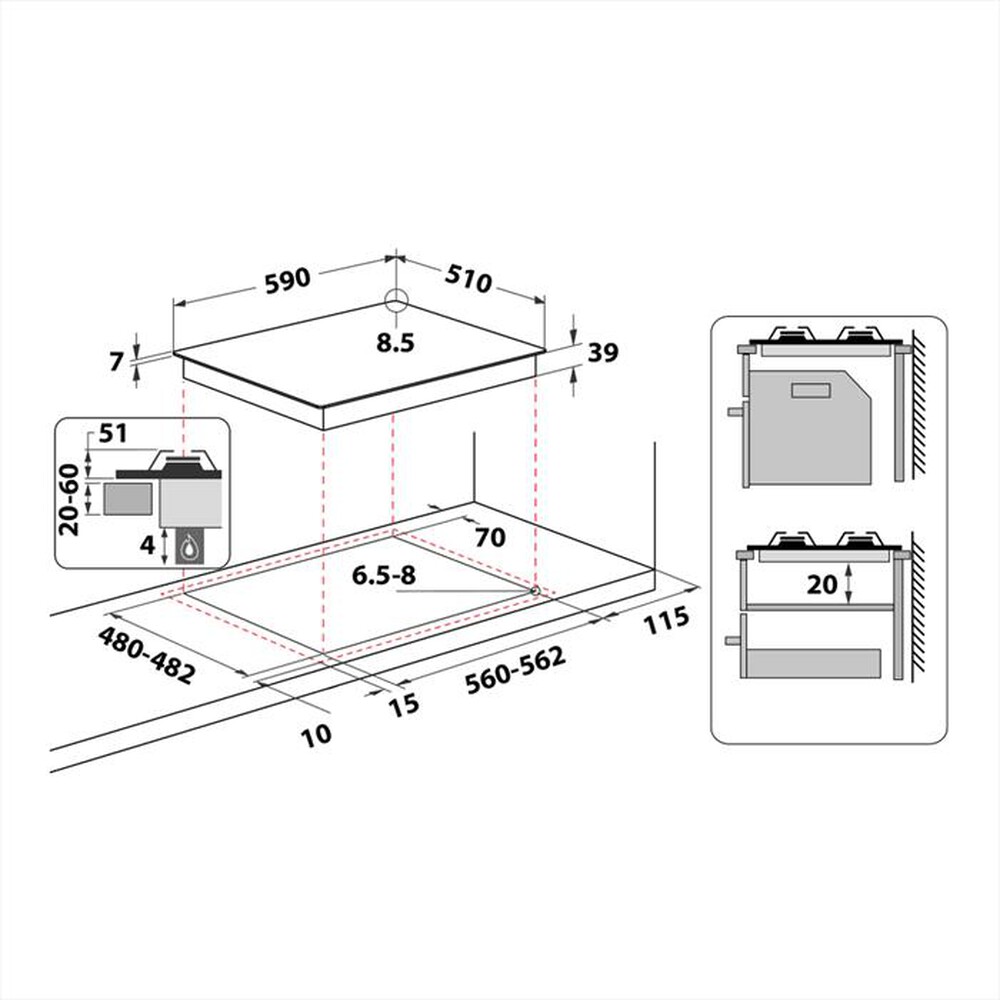 "WHIRLPOOL - Piano cottura a gas GMA 6414/IXL/01 HOB WP 59 cm-Acciaio inossidabile"